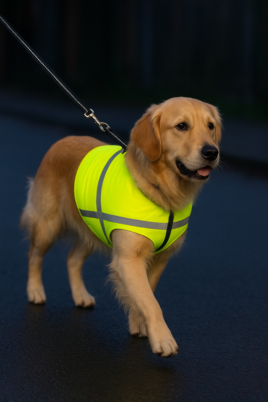 dog that is walking with reflective gear