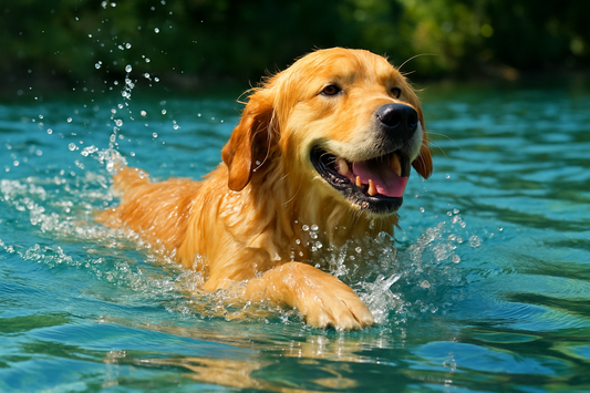 Dog swimming, happy