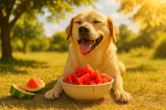 Dog enjoying watermelon