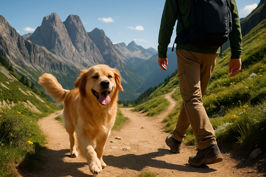 Happy dog walking on a sunny summer day in the mountains, enjoying the warm weather and fresh air.