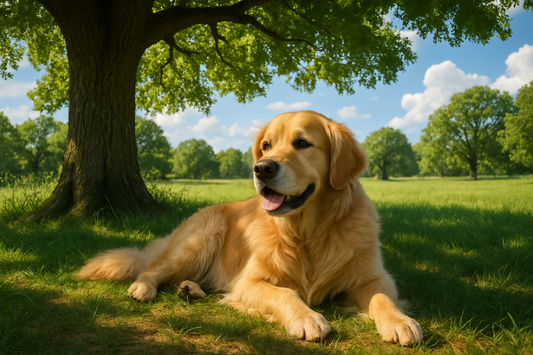Dog relaxing under a tree