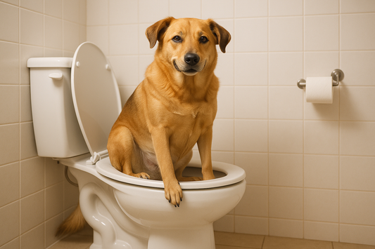 Dog taking a poop on the toilet