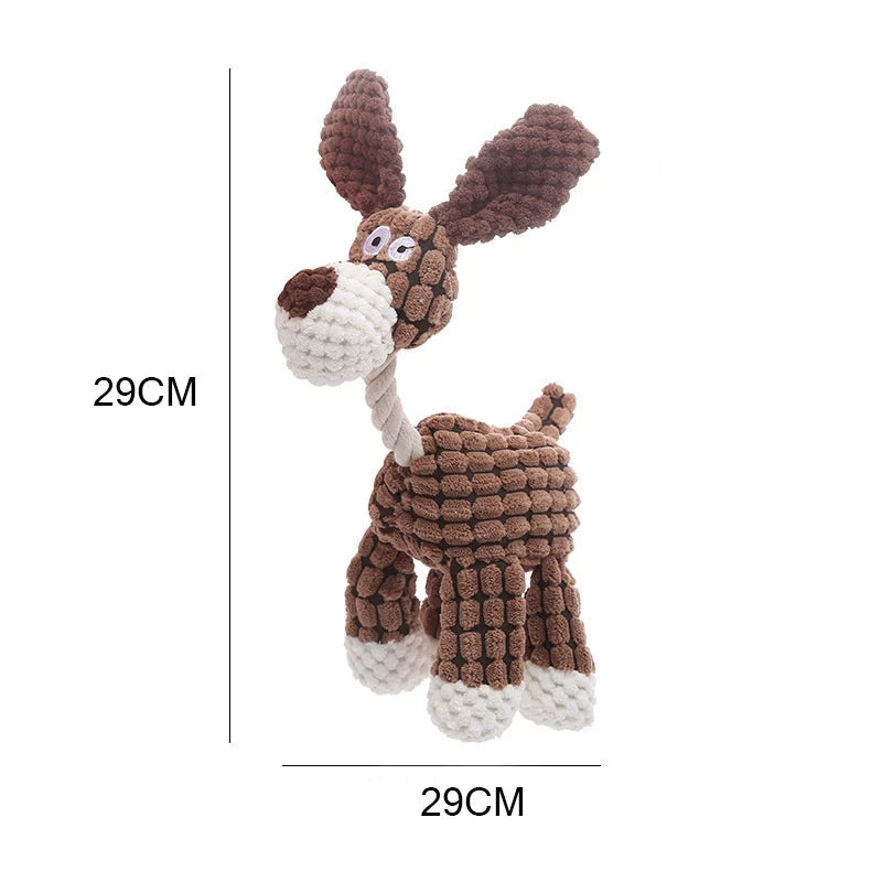 Knitted dog toy shaped like a donkey with measurement text on a white background
