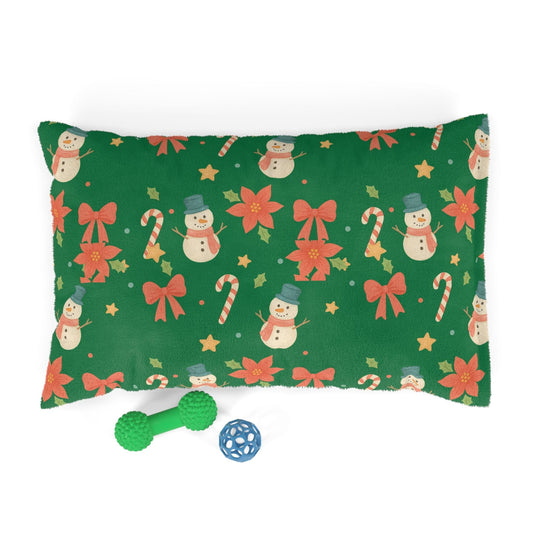Holiday Snowman Pet Bed - Christmas Candy Cane & Poinsettia Plush Dog Cushion Pets Printify 28" × 18"