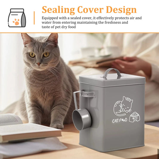 Gray cat food container with a lid and measuring cup on a table, next to a gray cat.