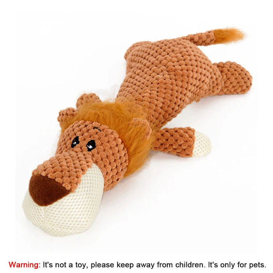 Brown crocheted dog toy on a white background with a warning label.