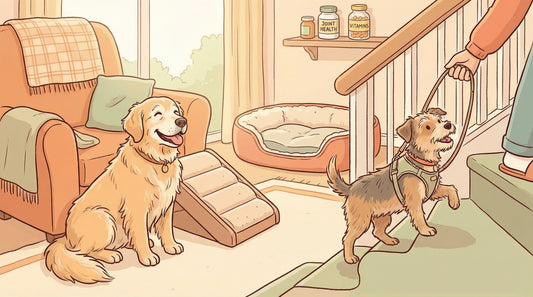 Senior dogs getting help moving around the house, with ramps and guidens