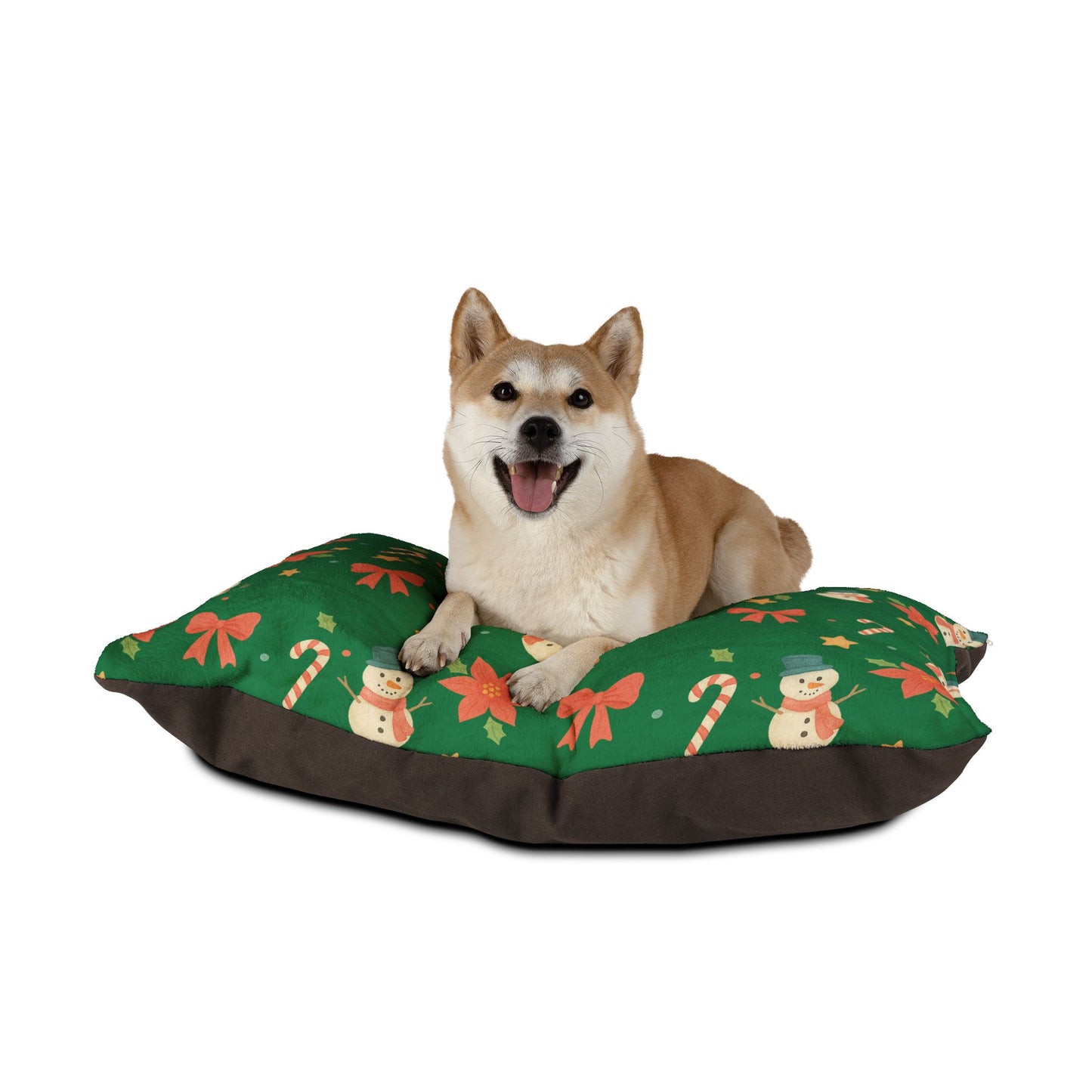 Holiday Snowman Pet Bed - Christmas Candy Cane & Poinsettia Plush Dog Cushion