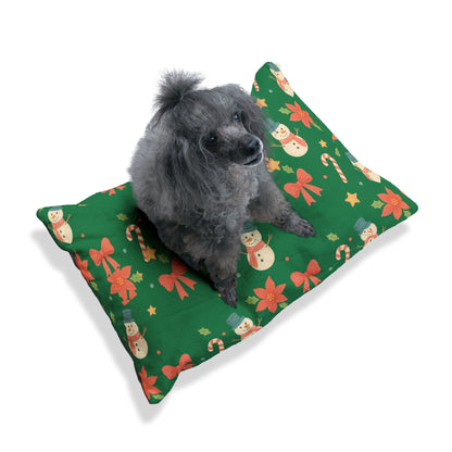 Holiday Snowman Pet Bed - Christmas Candy Cane & Poinsettia Plush Dog Cushion
