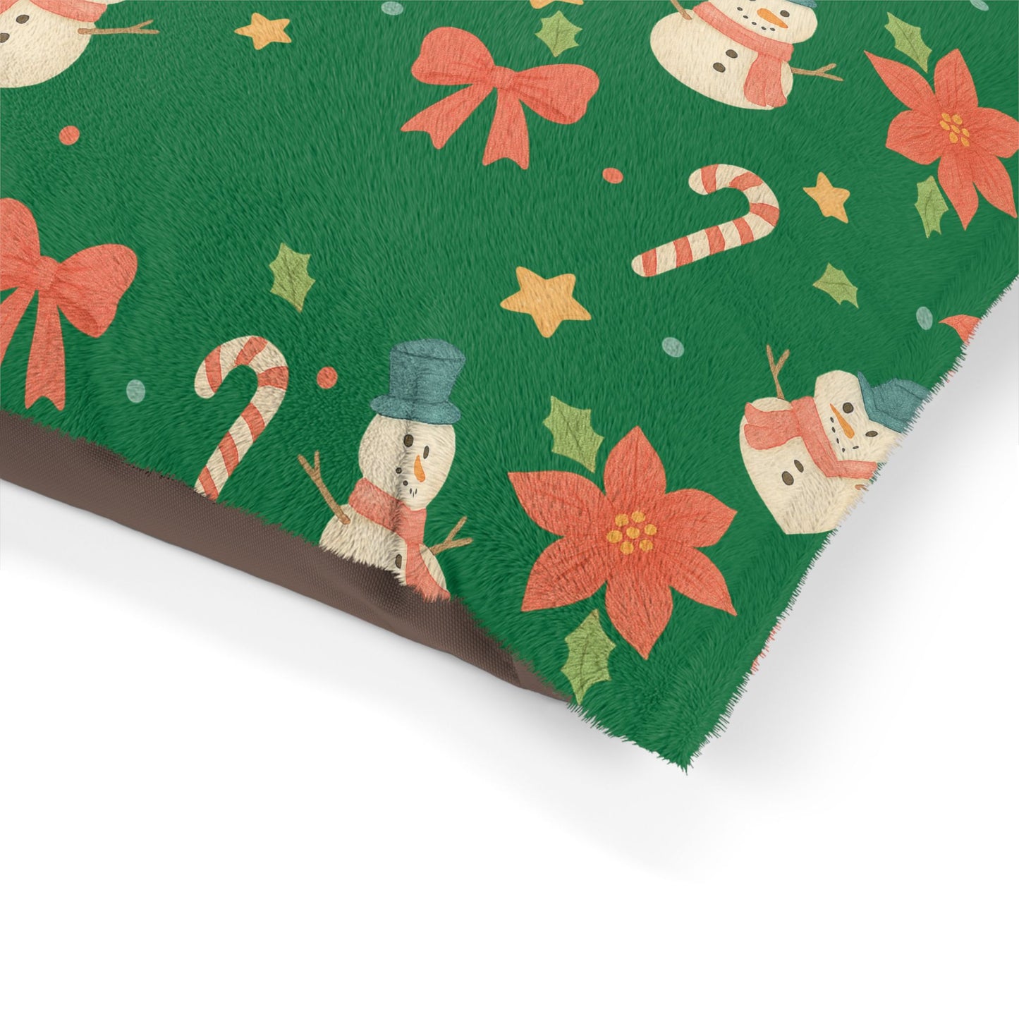 Holiday Snowman Pet Bed - Christmas Candy Cane & Poinsettia Plush Dog Cushion