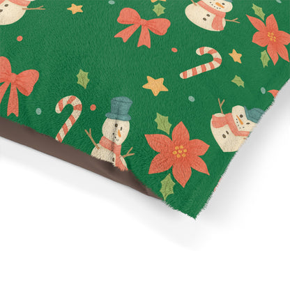 Holiday Snowman Pet Bed - Christmas Candy Cane & Poinsettia Plush Dog Cushion