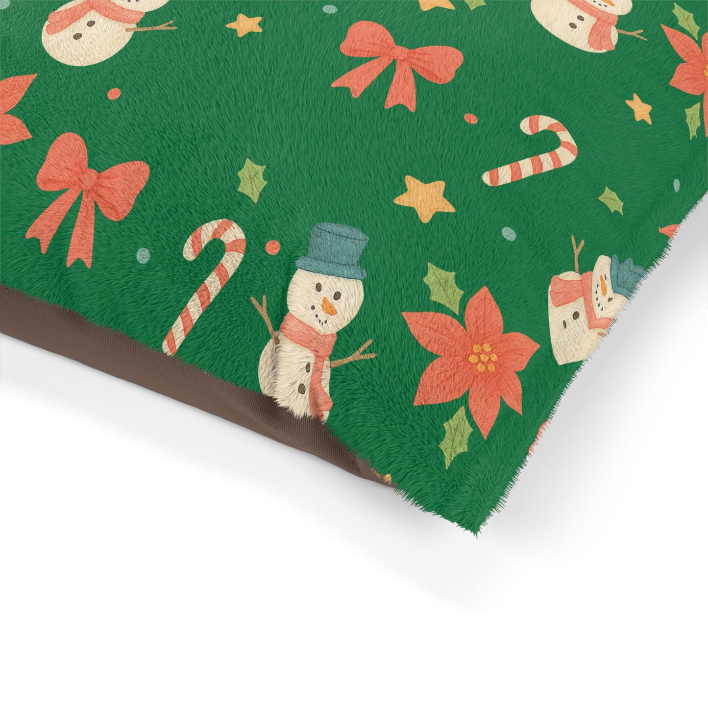 Holiday Snowman Pet Bed - Christmas Candy Cane & Poinsettia Plush Dog Cushion