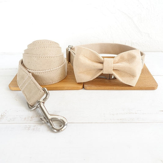 Beige Dog Collar Set | Adjustable Leash & Bow Tie | Quality Pet Accessories