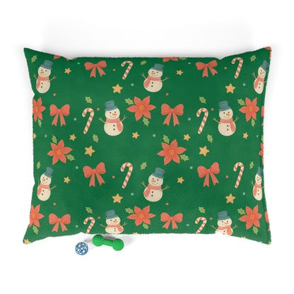 Holiday Snowman Pet Bed - Christmas Candy Cane & Poinsettia Plush Dog Cushion