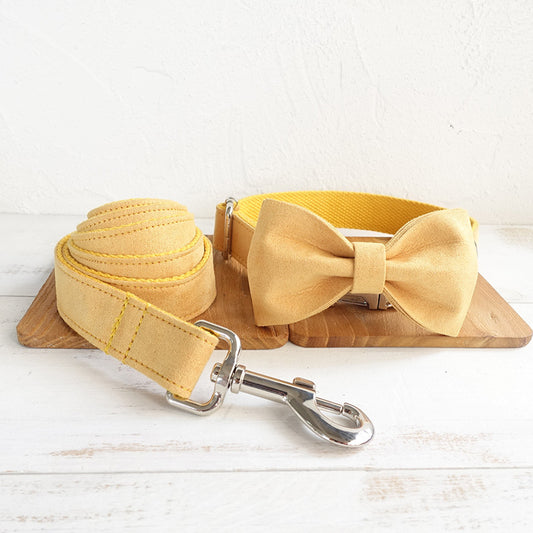 Yellow Dog Collar Set with Matching Leash and Bow Tie - Adjustable Pet Accessories