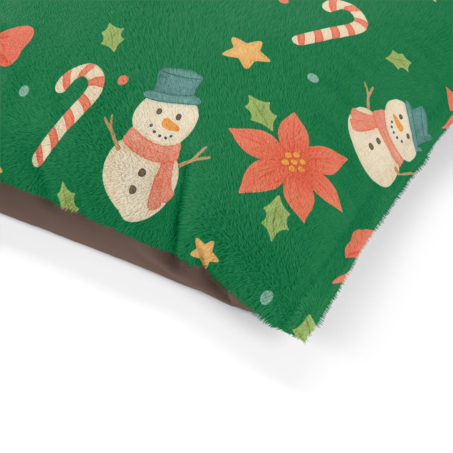 Holiday Snowman Pet Bed - Christmas Candy Cane & Poinsettia Plush Dog Cushion