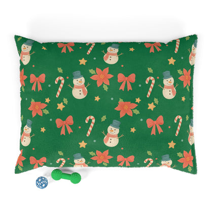 Holiday Snowman Pet Bed - Christmas Candy Cane & Poinsettia Plush Dog Cushion