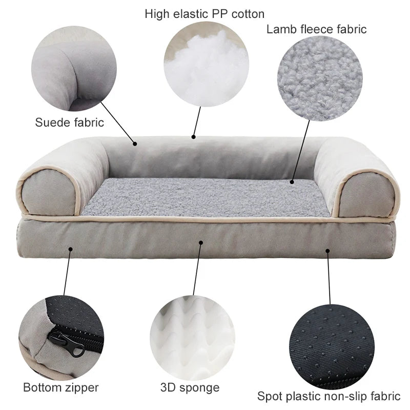 Dog bed with fabric and feature labels on a white background