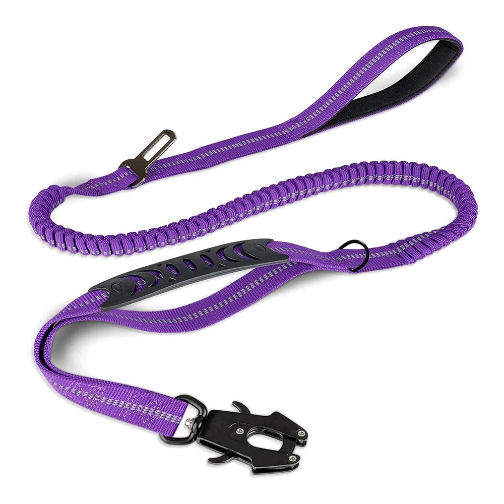Reflective Tactical Bungee Dog Leash - No‑Pull, Car Seatbelt Clip