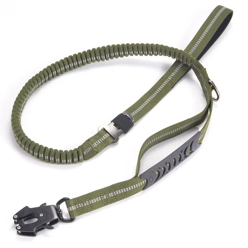 Reflective Tactical Bungee Dog Leash - No‑Pull, Car Seatbelt Clip