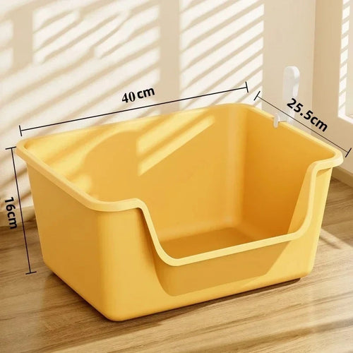 Yellow plastic basin with dimensions on a wooden floor