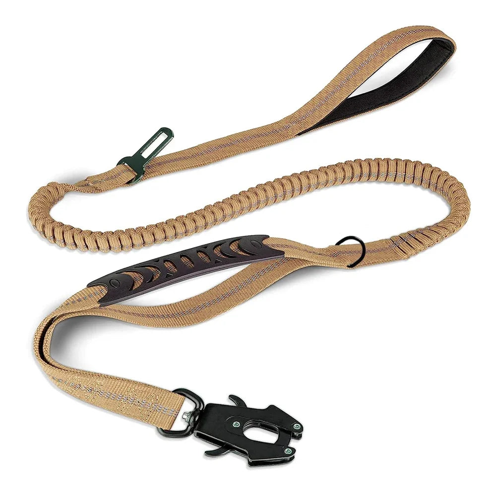 Reflective Tactical Bungee Dog Leash - No‑Pull, Car Seatbelt Clip