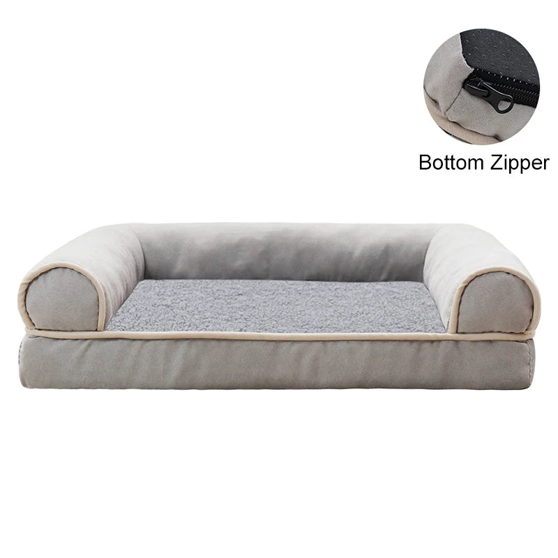 Gray pet bed with beige trim on a white background, showing a close-up of the bottom zipper.