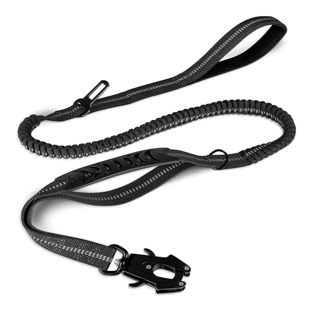 Reflective Tactical Bungee Dog Leash - No‑Pull, Car Seatbelt Clip
