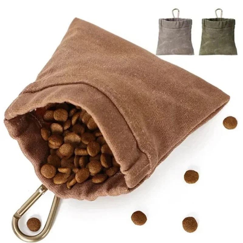 Brown fabric bag filled with pet food, with additional bags in gray and green in the background.