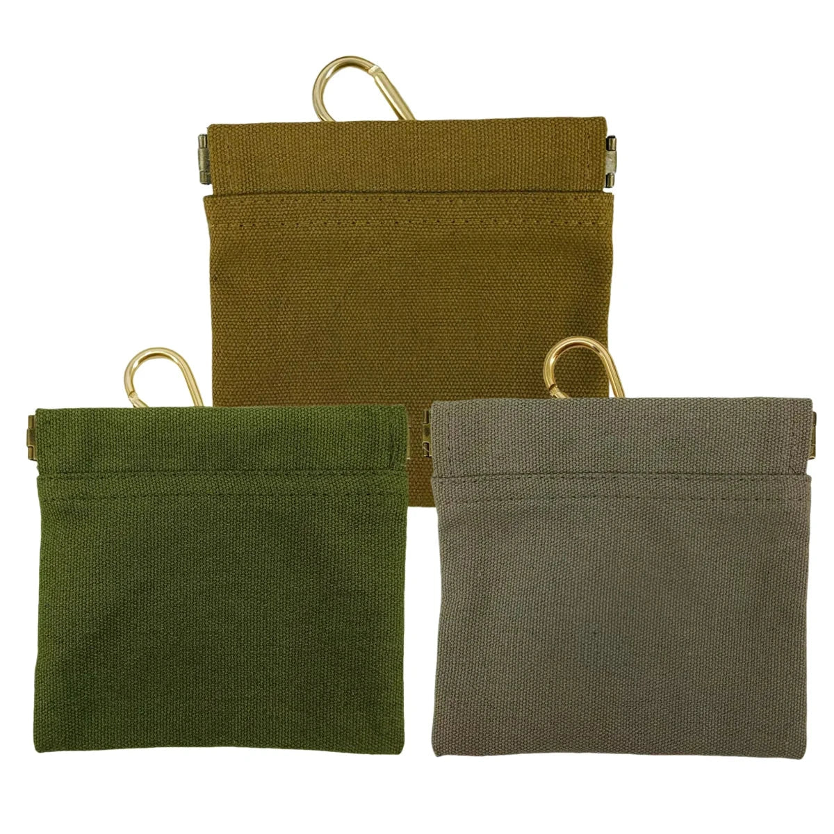 Three tactical pouches in brown, green, and gray on a white background