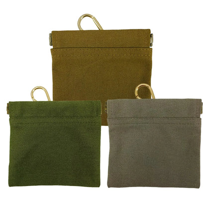 Three tactical pouches in brown, green, and gray on a white background