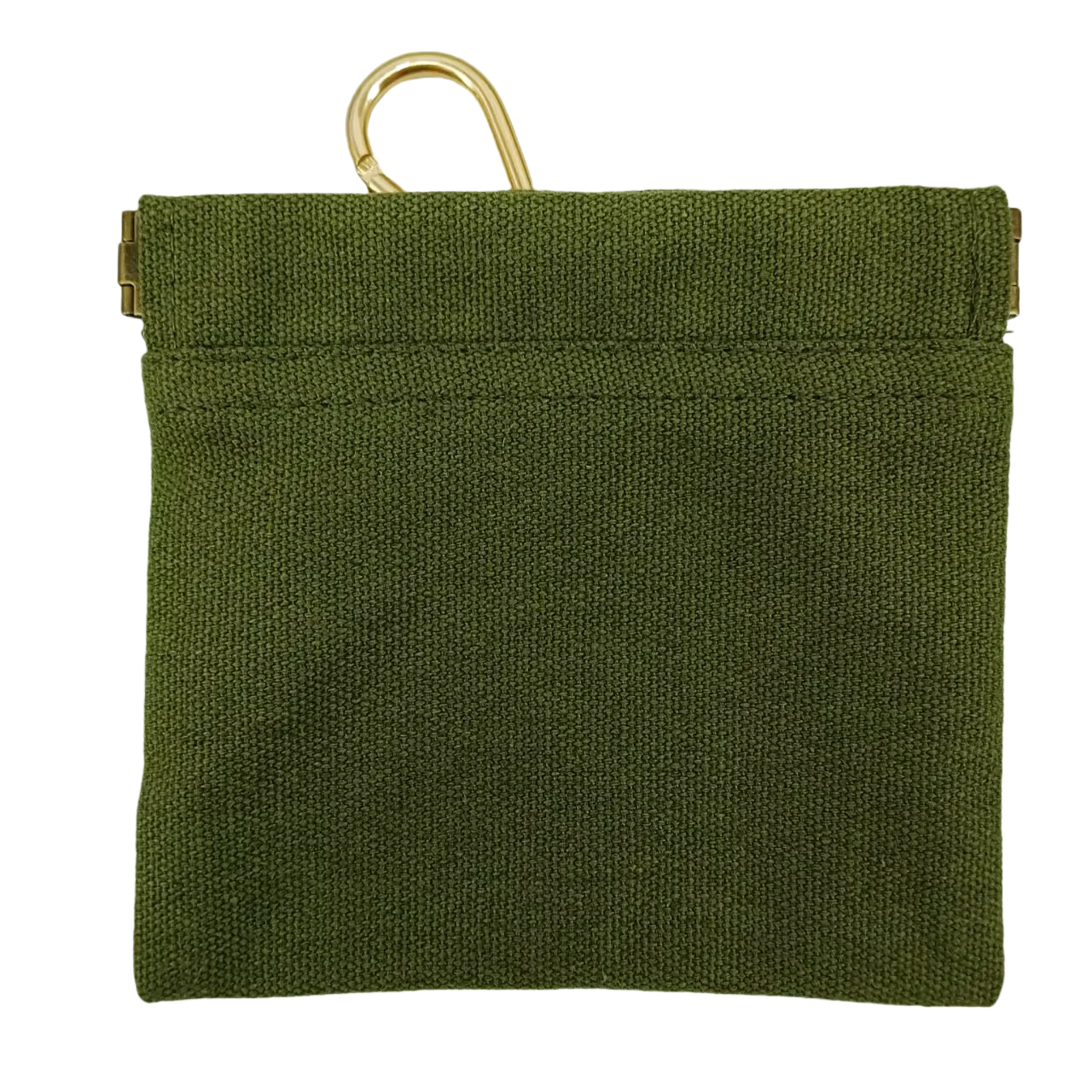 Green fabric pouch with a gold clip on a white background