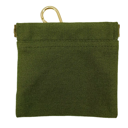 Green fabric pouch with a gold clip on a white background