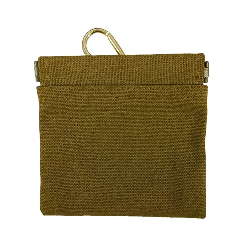 Brown tactical pouch with a carabiner clip on a white background