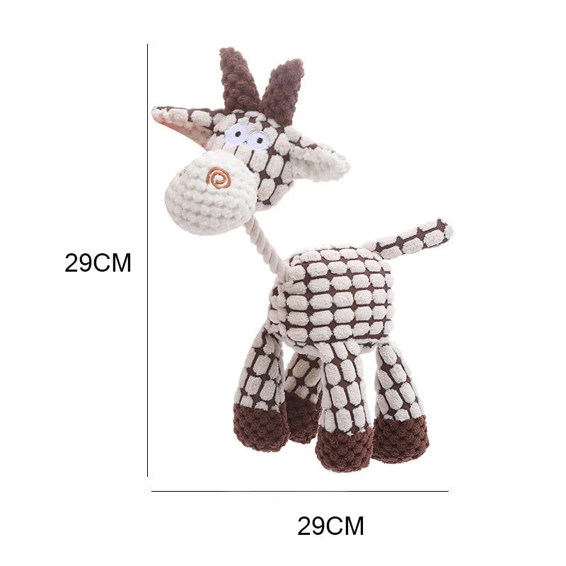 Plush donkey toy with measurement text on a white background