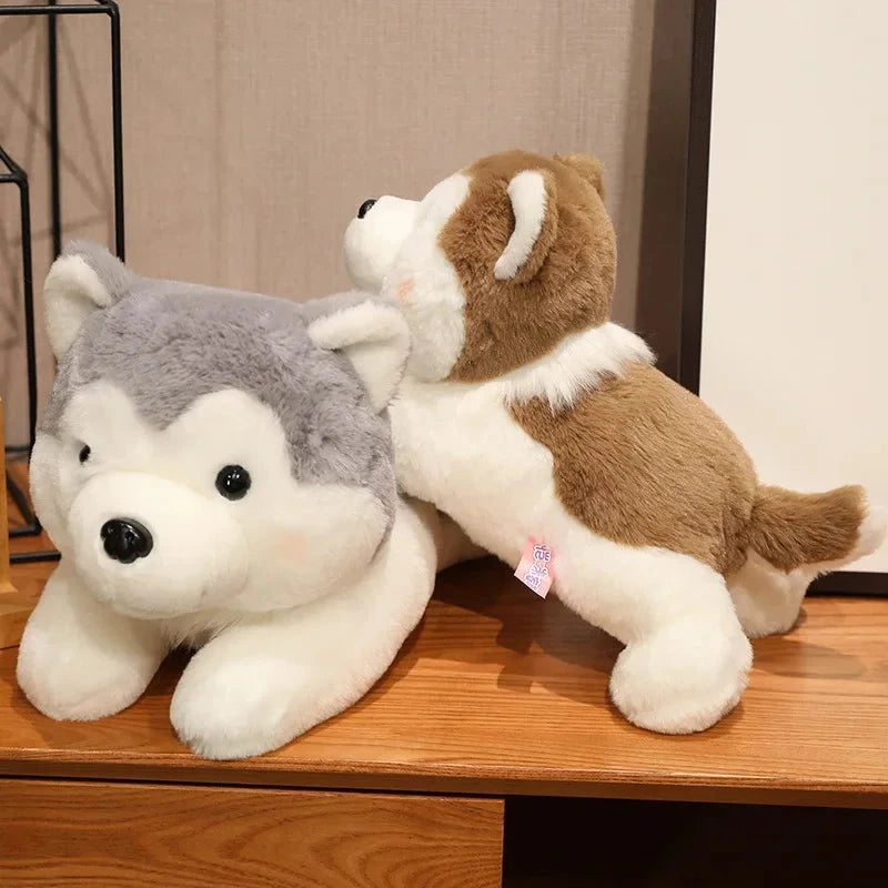 Two plush dogs, one gray and white and one brown and white, sitting on a wooden surface.