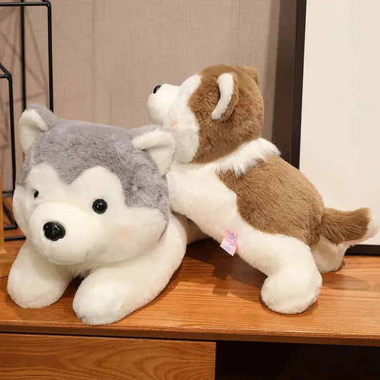 Two plush dogs, one gray and white and one brown and white, sitting on a wooden surface.