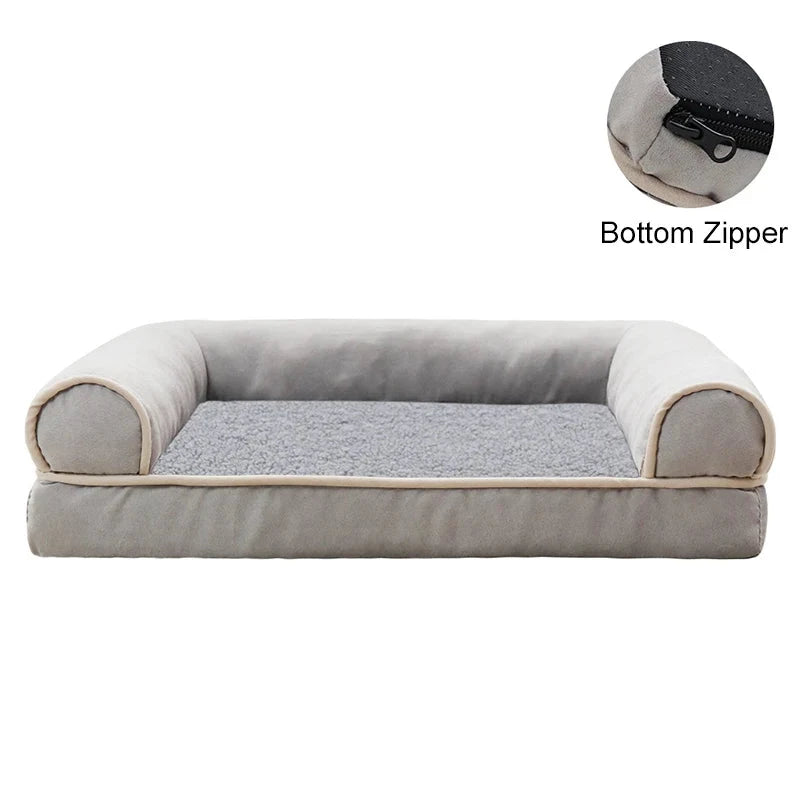 Gray pet bed with beige trim on a white background, showing a close-up of the bottom zipper.