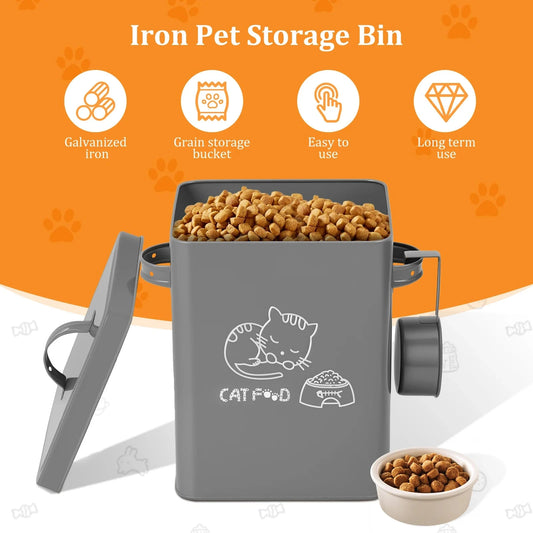 Gray pet storage bin with cat food, featuring icons and text on an orange background.