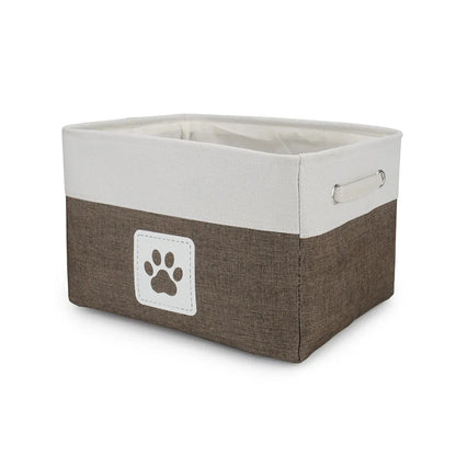 Storage bin with a paw print label on a white background