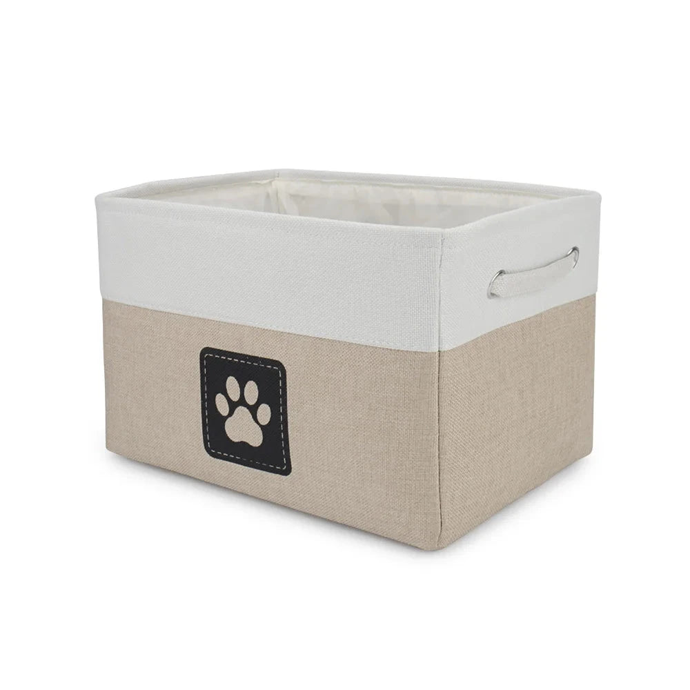 Beige storage bin with white top and paw print design on a white background