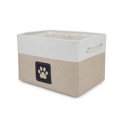 Beige storage bin with white top and paw print design on a white background