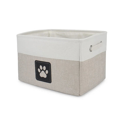 Storage bin with a paw print label on a white background