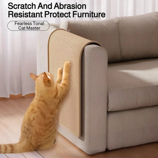 Cat using a scratcher on a couch with text about scratch and abrasion resistance.