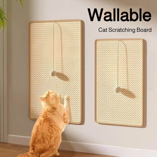 Cat interacting with a wall-mounted cat scratching board branded 'Wallable'.