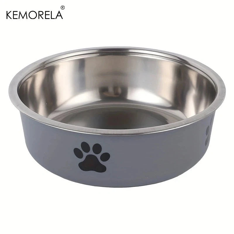 Stainless steel pet bowl with gray base and black paw print, brand 'KEMORELA' visible.