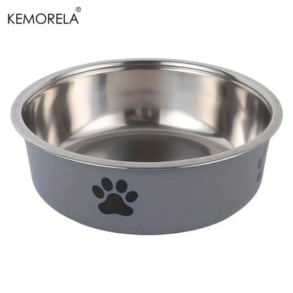 Stainless steel pet bowl with gray base and black paw print, brand 'KEMORELA' visible.