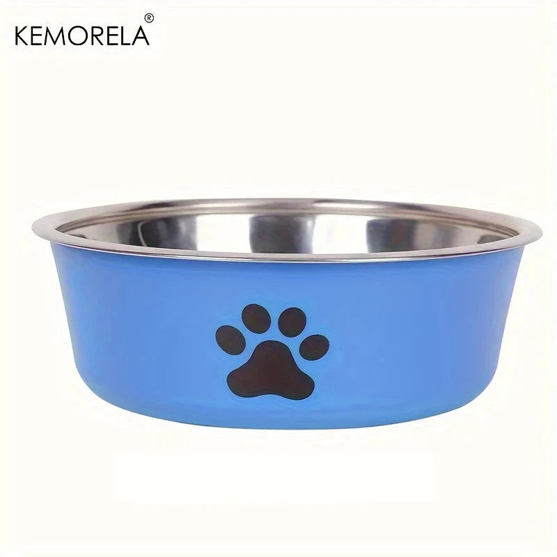 Blue pet bowl with a black paw print on a white background, featuring the KEMORELA brand.