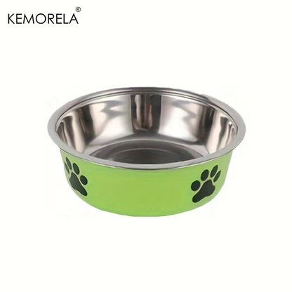 Green pet bowl with paw prints on a white background, featuring the brand 'KEMORELA'.
