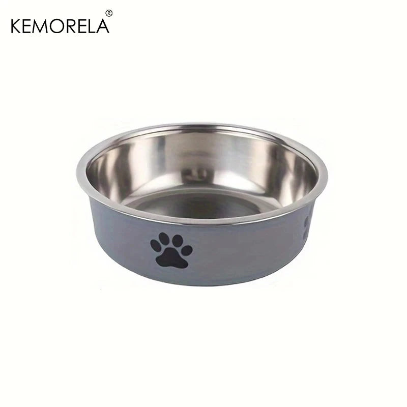 Stainless steel pet bowl with paw print design on a white background, featuring the brand 'KEMORELA'.